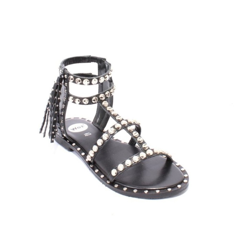 WOz 2526 Black Leather Open Toe Zip Studded Ankle Summer Sandals